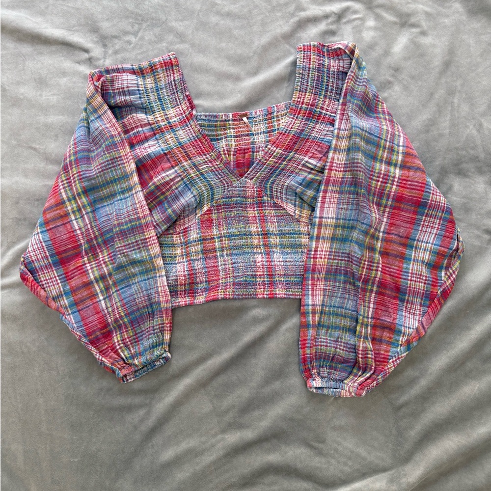 Free People Marlena Plaid V neck Blouse